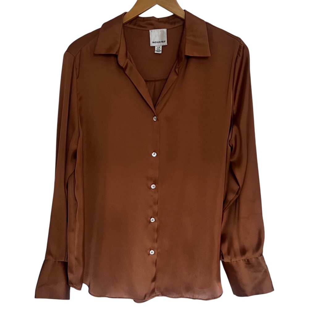 Industry Burnt Orange Loose Silk Like Button Up Collar Blouse Size L